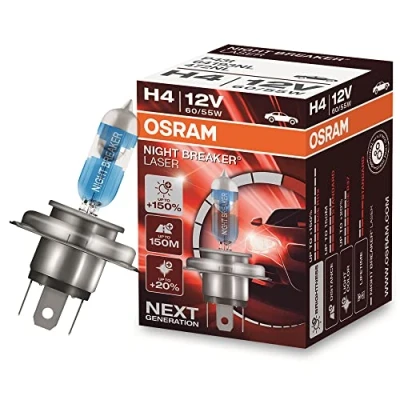 Image of OSRAM NIGHT BREAKER LASER H4, +150% more brightness, halogen headlight lamp, 64193NL, 12V, folding box (1 lamp)