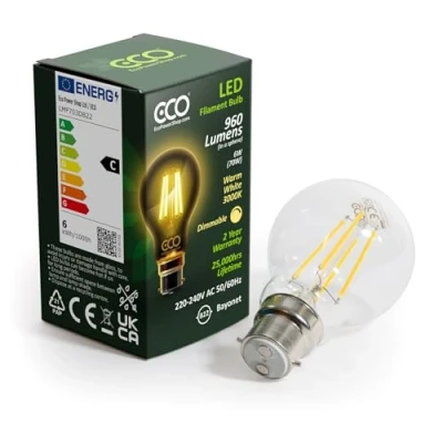 Image of ECO 70W Equivalent 6W Dimmable LED Filament Light Bulb, 960 Lumens, Warm White 3000K, B22 2 pin Bayonet, 25,000hrs Lifetime.