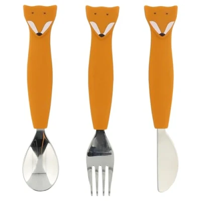Image of Trixie Silicone Cutlery Set 3 Pack Mr. Fox Toddler Utensils Soft, Durable, and Easy to Grip Spoon, Knife Fork Safe Tableware for Kids Learning Eat