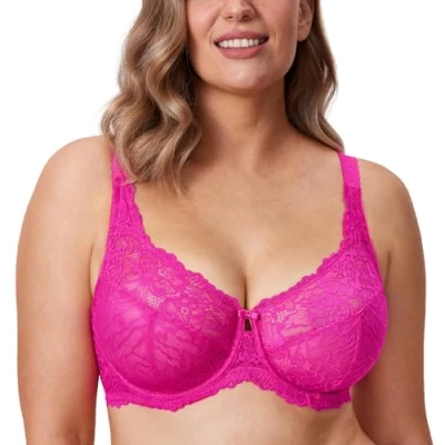 Image of DELIMIRA Women&#039;s Plus Size Bra Full Coverage Minimiser Non Padded Lace Underwired Bras Glitter Pink 34F