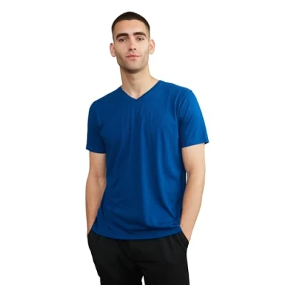 Image of DANISH ENDURANCE Men&#039;s Organic Cotton Short Sleeve T Shirt, Premium Blend, Crew &amp; V Neck, Neck Bright Blue, L