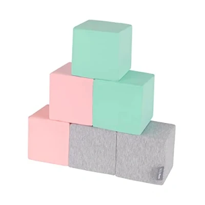 Image of KiddyMoon Soft Foam Cubes Building Blocks 14Cm For Children Multifunctional Construction Montessori Toy Babies, Made In The EU, 6 Pieces, Cubes:Light Grey Pink Mint