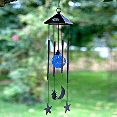 Image of Garden Mile Mystical Colour Changing Solar Powered LED Sun, Moon and Stars Wind Chimes Crystal Ball Ornaments Copper Lights for Yard, Decor 74cm(74cm, Moon)