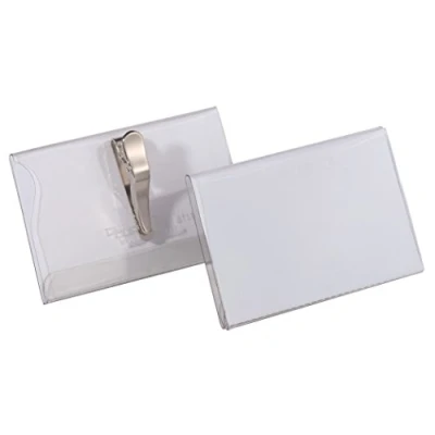 Image of Durable Name Badge 54 x 90 mm with Crocodile Clip Transparent Pack of 25 Badges Includes Blank Insert Cards Ideal for Events and Visitor Management
