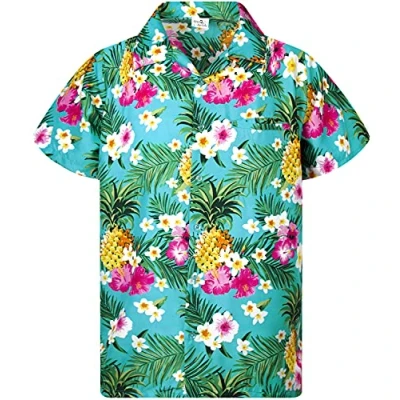 Image of King Kameha Funky Hawaiian Shirt Kids Boys, Shortsleeve, Print Pineapple Flowers, Turquoise, 6