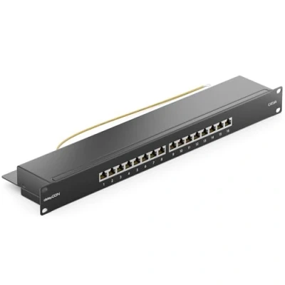 Image of deleyCON CAT6a 16 Port Network Panel Desktop 19 Inch Rack Integration Server Mounting Shielded 16x RJ45 Ports TIA568A TIA568B Black
