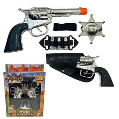 Image of Ultimate Cowboy Sheriff Role Play Set for Kids Complete with Twin Toy Guns, Holster Belt, Bullets &amp; Badge Perfect 10 Piece Costume Playset Kids!