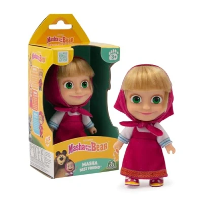 Image of Masha Doll 12 cm Tall in Red Summer Dress with Matching Scarf from the Hit TV Series and Bear Suitable for Kids Aged 3+