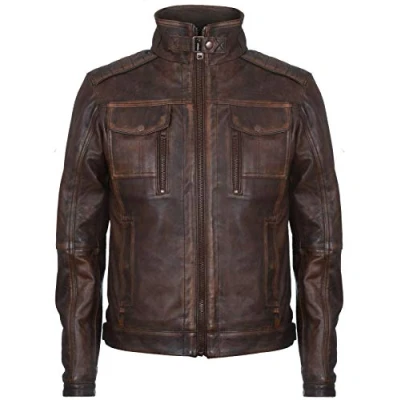 Image of Men&#039;s Racer Vintage Brown 100% Leather Retro Biker Jacket Distressed Motorcycle 5XL