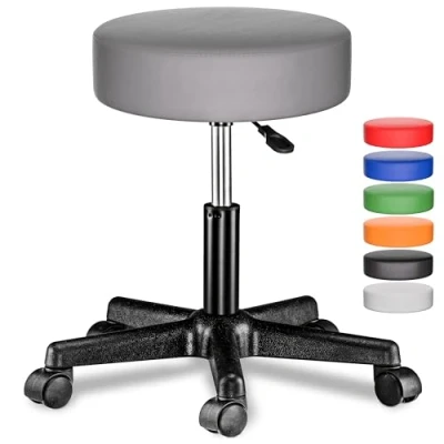 Image of CASARIA® 35cm Grey Rolling Stool with Wheels Height Adjustable 360 Rotatable Padded Swivel Roll Chair Double Castors Comfortable Upholstered Seating Office Workshop Salon