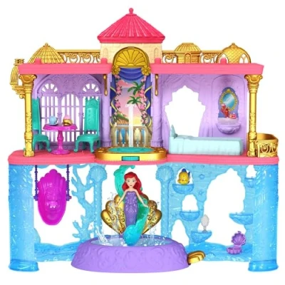 Image of Mattel Disney Princess Ariel&#039;s Land &amp; Sea Castle, Includes Ariel Doll with Red Hair and Colour Changing Mermaid Fin, Flounder Pet, Pool, 10 Accessories, Toys for Ages 3 Up, Playset, HLW95
