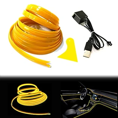 Image of Balabaxer El Wire Yellow Interior Car LED Strip Lights, 5M Neon USB 5V with Fuse Protection for Automotive Decoration 6mm Sewing Edge…