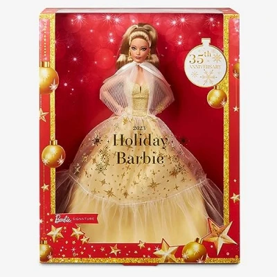 Image of ​2023 Holiday Barbie Doll, Seasonal Collector Gift, Signature, Golden Gown and Displayable Packaging, Light Brown Hair, HJX06