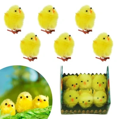Image of 6x Chenille Yellow Chicks, Decorative Fluffy Mini Easter Egg Bonnet Decor, Trilby and basket Decorations, Size 3.5cm