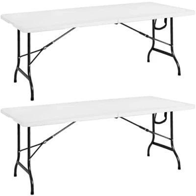 Image of CASARIA® 2x Folding Portable Picnic Buffet Tables 183cmx75cm Weather Resistant Heavy Duty Plastic Table Top Steel Frame Garden Camping Catering Trestle BBQ Outdoor White