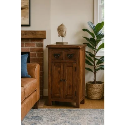 Image of Oak and Pine Online Classically Modern Dark Wood Valencia Solid Sheesham Rosewood Slim 2 Door Drawer Sideboard Cabinet Cupboard Living Dining Room Furniture