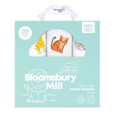Image of Bloomsbury Mill Baby Swaddle Blanket Soft 100% Organic Cotton Swaddles for Newborn Large Muslin Cloths Pack of 3 Essentials Safari Animals 120x120cm