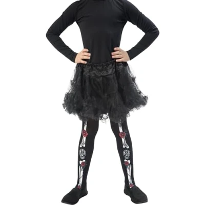 Image of Smiffys Day of the Dead Tights, Child, Black Age 6 12, Children&#039;s Tights and Petticoats Fancy Dress, Halloween Dress Up Accessories