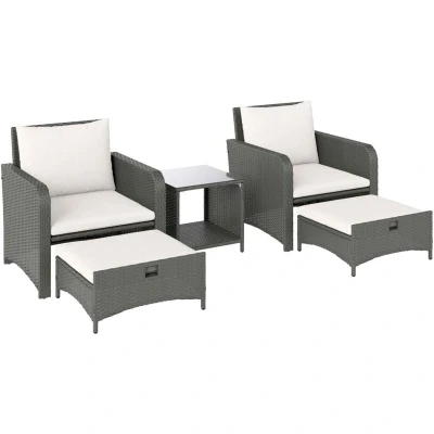 Image of Outsunny 5 Piece Rattan Garden Furniture Set, Wicker Patio Conversation Set with 2 Chairs, Tier Coffee Table, Ottomans and Thick Cushions for Outdoor, Balcony, Bistro, Porch, Cream White
