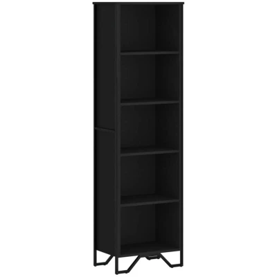 Image of vidaXL Bookcase Bookshelf Storage Cabinet with 5 Compartments and Metal Feet Black Engineered Wood 50 x 31 169 cm Modern Style for Office, Bedroom, Living Room