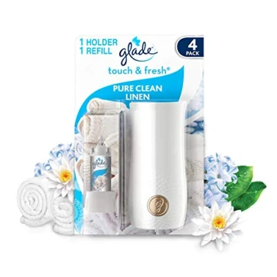 Image of Glade Touch &amp; Fresh Air Freshener Holder and Refill, Activated Odour Eliminator for Bathroom Home, Clean Linen, Pack of 4 Starter Kits, (4 x 10ml Refill)