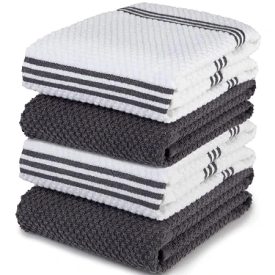 Image of Sticky Toffee 100% Cotton Terry Tea Towel Grey Plain &amp; Stripe Pattern, Pack of 4 Kitchen Set Absorbent, Strong, Quick Dry Machine Washable Home Bathroom Accessories