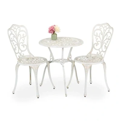 Image of Relaxdays Garden Bistro Set, 3 Piece, Table &amp; 2 Chairs, Antique Design, Patio Furniture, Outdoor Dining, White/Bronze, Aluminium, 65 x 60 cm