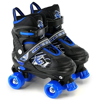 Image of Childrens Kids Boys Girls 4 Wheel Adjustable Quad Roller Skates Boots (Blue/Black, Large/UK 5 7/)