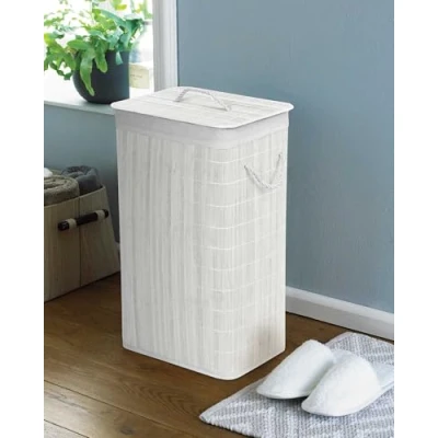 Image of COUNTRY CLUB Rectangular Bamboo Laundry Hamper Basket Clothes Storage Organizer With Lid (Nouveau White)