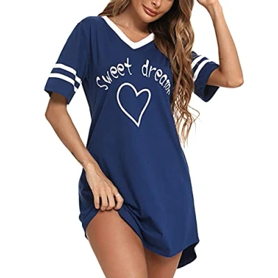 Image of Litherday Women&#039;s Nightdresses Nightshirt Cotton Nightwear Comfy Nighties Sleepwear Short Sleeve Pajama Night Dress Nightgown Loungewear(Navy Blue,S