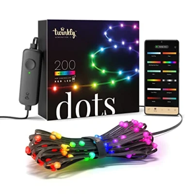 Image of Twinkly Dots 10m, Flexible RGB LED Strip, in and Outdoor, Compatible with Alexa Google Home, IP44, 16 M+ Colors, App Control, Black Wire, 200 Lights