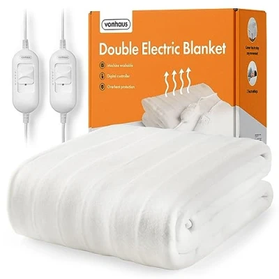 Image of VonHaus Electric Blanket Double, Heated Mattress Topper for Double Bed, Under Cover Sheet Dual Controls, Corner Ties, 3 Heat Settings, Safety Shut Off, Machine Washable, 190 x 135cm