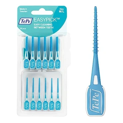 Image of TePe EasyPick Toothpicks, Blue, ISO M L, 36pcs, Plaque Remover, efficient Clean Between The Teeth, Durable Dental Picks for Small Gaps, Comes with Travel case