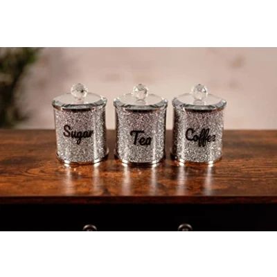 Image of Marco Paul Stylish Set of 3 Crushed Diamond Mirror Crystal Filled Canister Lightweight Silver Sparkle Glitter Design Containers Decorative Kitchen Storage Accessories for Tea, Coffee and Sugars