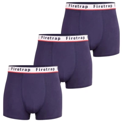 Image of Firetrap Mens 3 Pack Designer Boxer Shorts, Underwear Gift Set Trunks Comfortable Stretch Cotton Plain Colours Briefs All Blue S