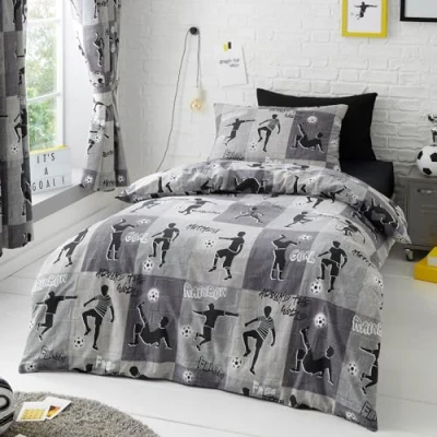 Image of Happy Linen Company Boys Girls Kids Freestyle Football Tricks Grey Charcoal King Reversible Duvet Cover Bedding Set