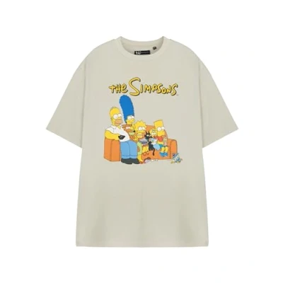 Image of Vanilla Underground The Simpsons Mens Beige Graphic Tee Pull&amp;Bear Short Sleeve TV Show T Shirt Crew Neck Casual Cotton Top Everyday Streetwear Apparel in