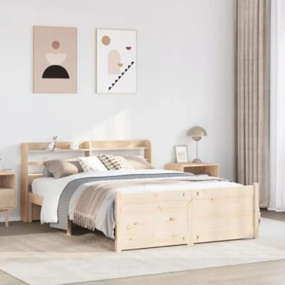 Image of vidaXL King Size Wooden Bed Frame Solid Pine with Storage Headboard, Plywood Slats Bedroom Furniture 216x160x82 cm