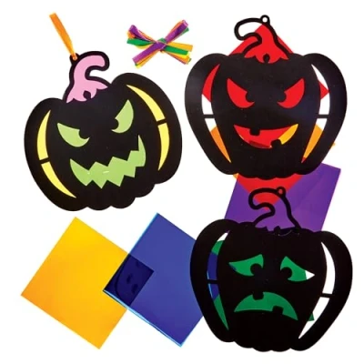 Image of Baker Ross FX635 Pumpkin Stained Glass Decoration Kits Pack of 8, Halloween Craft for Kids