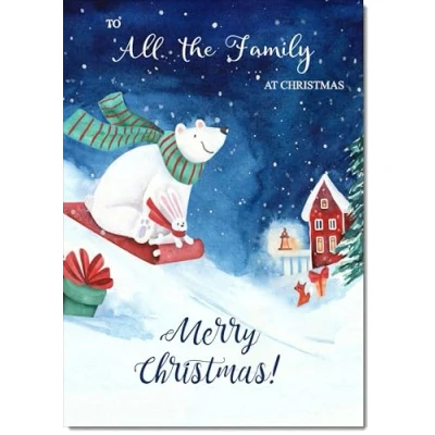Image of doodlecards To All The Family Christmas Card Bear on Sled Medium Size for with Plain Envelope