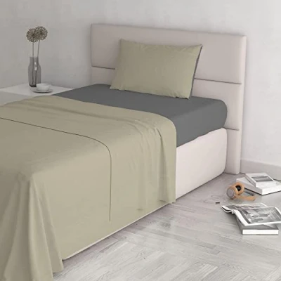 Image of Italian Bed Linen Natural Color Set (Flat 180x300, Fitted Sheet 120x200cm+Pillowcase 52x82cm), Petrol Bottle Green, 100% Cotton, Dove Gray/Smoke, SMALL DOUBLE