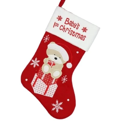 Image of Widdle Gifts Baby&#039;s 1st Christmas Keepsake Stocking with Embroidered Teddy Fully Lined (Red Unisex 8553)