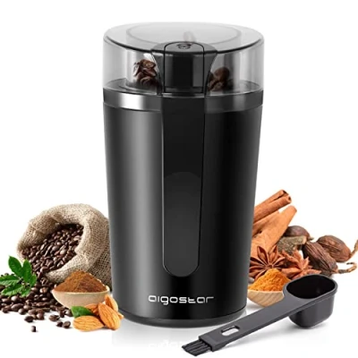 Image of Aigostar Coffee Grinder Electric with Removable Lid, for Bean, Pepper, Grain, Spice, Nuts Safe 304 Stainless Steel Blades, Powerful Motor 200W Natural 30RRK.
