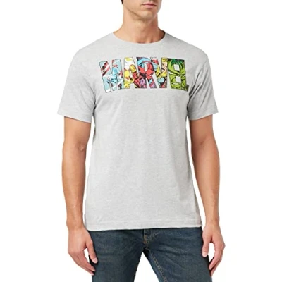 Image of Marvel Men&#039;s Comic Strip Logo T shirt Shirt, Grey (Sport Grey), XXL UK