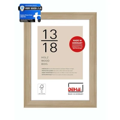 Image of DEHA Design Fontana Photo Frame 5x7, 13x18cm Wooden Picture Frame, Oak with Protective Acrylic Glazing and Push Turn Clips