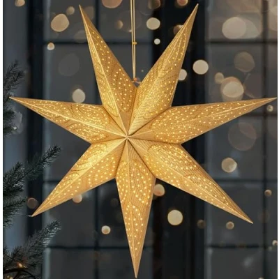 Image of BRUBAKER 23.6 inches (60 cm) Paper Christmas Star for Hanging LED Advent Decoration and Windows 3D with Timer Function Light Illuminable Battery Gold