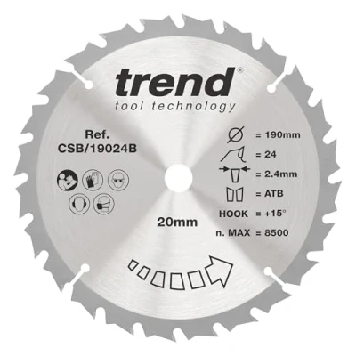 Image of Trend Wood Circular Saw Blade, 190mm Diameter, 20mm Bore, 24 Teeth, 2.4mm Kerf, +15 Hook, TCT, Medium Finish, CSB/19024B