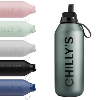 Image of Chilly&#039;s Series 2 Flip Water Bottle with Sports Lid, Telescopic Straw and Nylon Carry Loop Easy Cleaning Brush Included 500ml Ombre, Slate