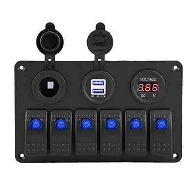 Image of EBTOOLS 12V 24V 6 Gang Car Boat Marine Caravan LED Rocker Switch Panel Dual USB Voltmeter Cigarette Lighter Waterproof Panel(Blue)