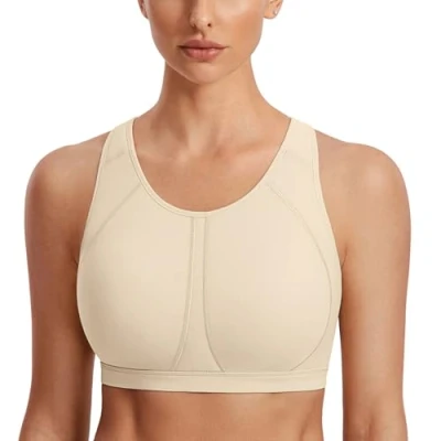 Image of SYROKAN Women&#039;s Sports Bra for Large Breasts High Impact Full Coverage Padded Wireless Running Halter Neck Oil Beige 40B